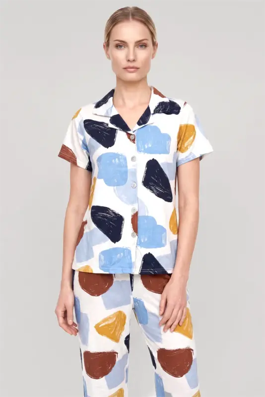 Akbeniz Women's Ecru Patterned Classic Shirt Collar Pajama Set - 3