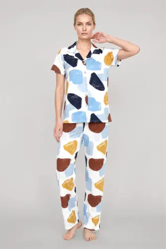 Akbeniz Women's Ecru Patterned Classic Shirt Collar Pajama Set - 4