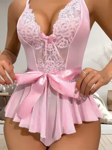 Akbeniz Kadın Fantezi Babydoll Dantel Gecelik T001 Pembe - 3