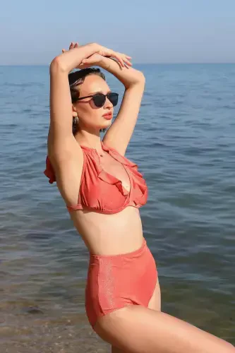 Akbeniz Kadın Fırfırlı Yüksek Bel Kiremit Alt Üst Bikini Takım 35010 - 1