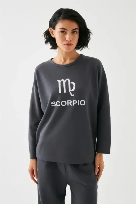 Akbeniz Kadın Füme Akrep Burcu Oversize 2 İplik Eşofman Ev Giyim Takımı - 4