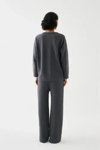 Akbeniz Kadın Füme Akrep Burcu Oversize 2 İplik Eşofman Ev Giyim Takımı - 5