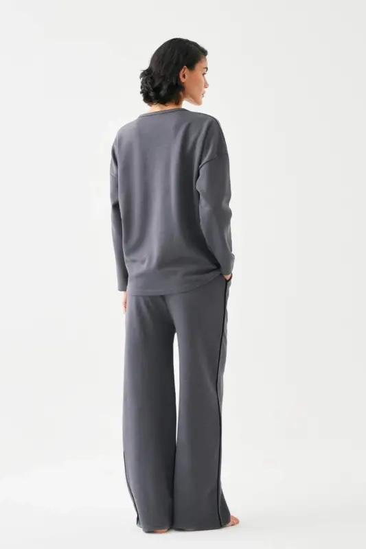 Kadın Füme Balık Burcu Oversize 2 İplik Eşofman Ev Giyim Takımı - 5