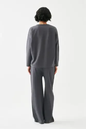 Akbeniz Kadın Füme Başak Burcu Oversize 2 İplik Eşofman Ev Giyim Takımı - 6