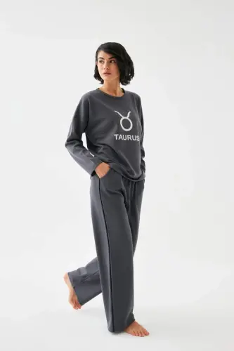 Kadın Füme Boğa Burcu Oversize 2 İplik Eşofman Ev Giyim Takımı - 1