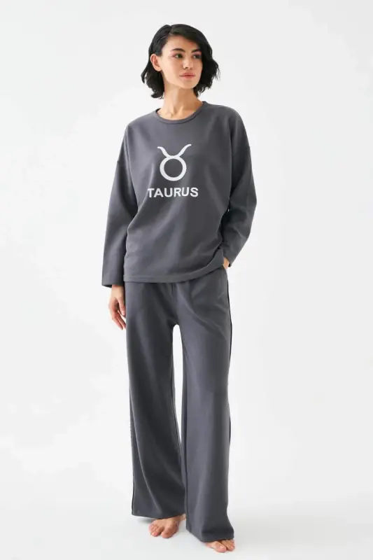 Kadın Füme Boğa Burcu Oversize 2 İplik Eşofman Ev Giyim Takımı - 3