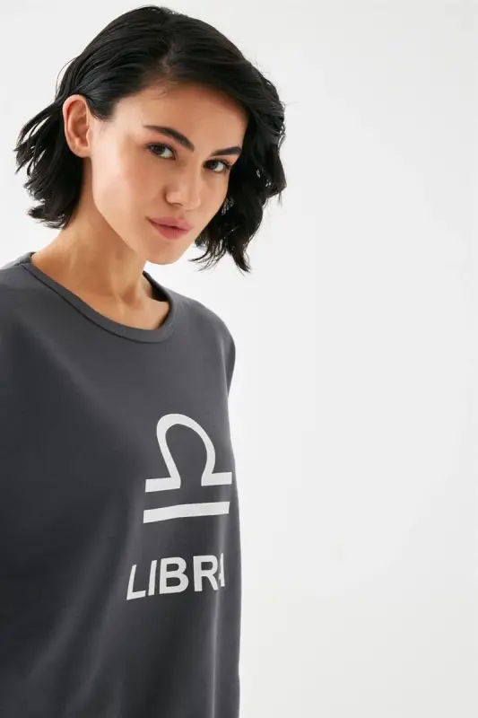 Akbeniz Kadın Füme Terazi Burcu Oversize 2 İplik Eşofman Ev Giyim Takımı - 4