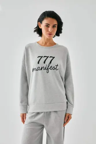 Kadın Gri 777 Manifest Oversize 2 İplik Eşofman Ev Giyim Takımı - 1