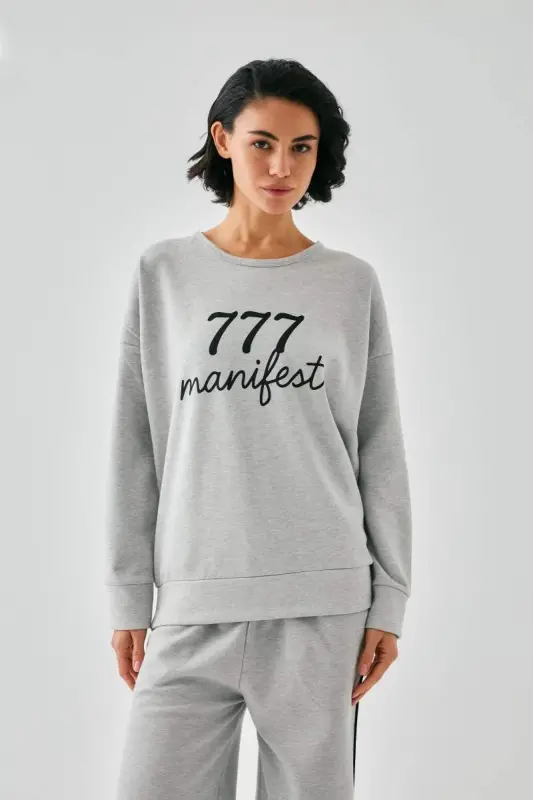 Kadın Gri 777 Manifest Oversize 2 İplik Eşofman Ev Giyim Takımı - 1