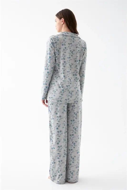 Akbeniz Kadın Gri Desenli Düğmeli Pamuklu Pijama Takımı - 6