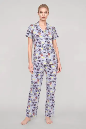 Akbeniz Kadın Gri Desenli Klasik Gömlek Yaka Pijama Takımı - 1