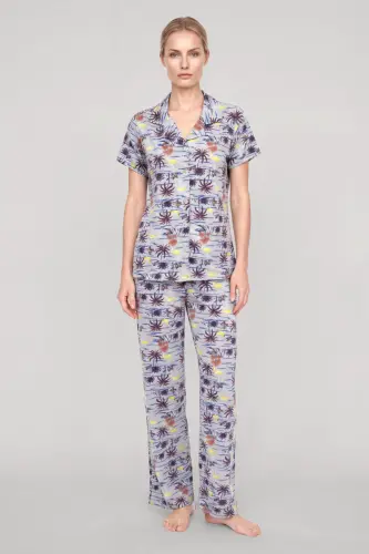 Akbeniz Kadın Gri Desenli Klasik Gömlek Yaka Pijama Takımı - BÜYÜKBEDENIZ (1)