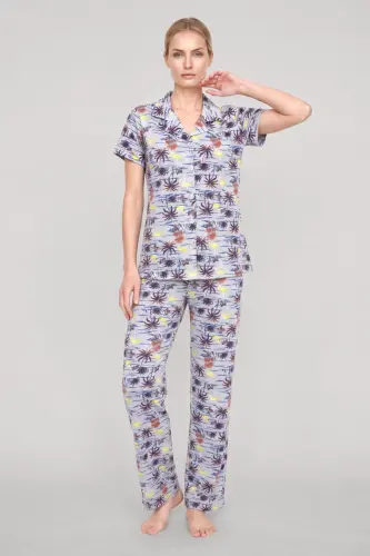 Akbeniz Kadın Gri Desenli Klasik Gömlek Yaka Pijama Takımı - 3