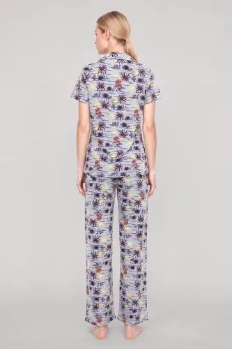 Akbeniz Kadın Gri Desenli Klasik Gömlek Yaka Pijama Takımı - 4