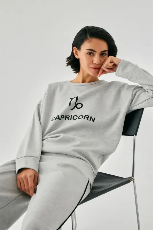 Akbeniz Kadın Gri Oğlak Burcu Oversize 2 İplik Eşofman Ev Giyim Takımı - 1