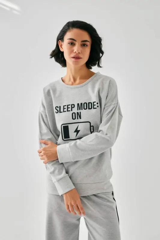 Kadın Gri Sleep Mode ON Oversize 2 İplik Eşofman Ev Giyim Takımı - 4