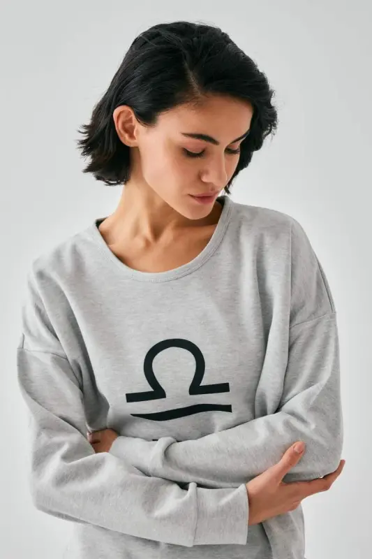 Kadın Gri Terazi Burcu Oversize 2 İplik Eşofman Ev Giyim Takımı - 3