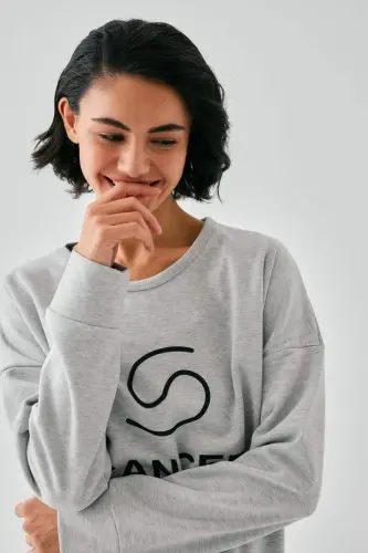 Kadın Gri Yengeç Burcu Oversize 2 İplik Eşofman Ev Giyim Takımı - 4