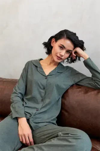 Akbeniz Kadın Haki Düğmeli Pamuklu Pijama Takımı - AKBENIZ (1)