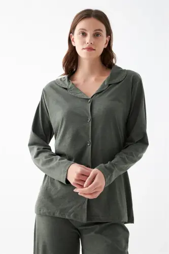 Akbeniz Kadın Haki Düğmeli Pamuklu Pijama Takımı - 4