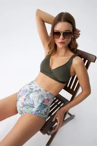 Akbeniz Kadın Haki Pedli Üst ve Yüksek Bel Çiçek Desenli Bikini Takımı 