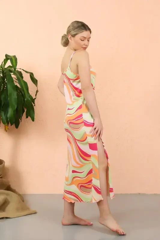 Akbeniz Kadın İp Askılı Yırtmaçlı Uzun Fuşya Gecelik 90117 - 2