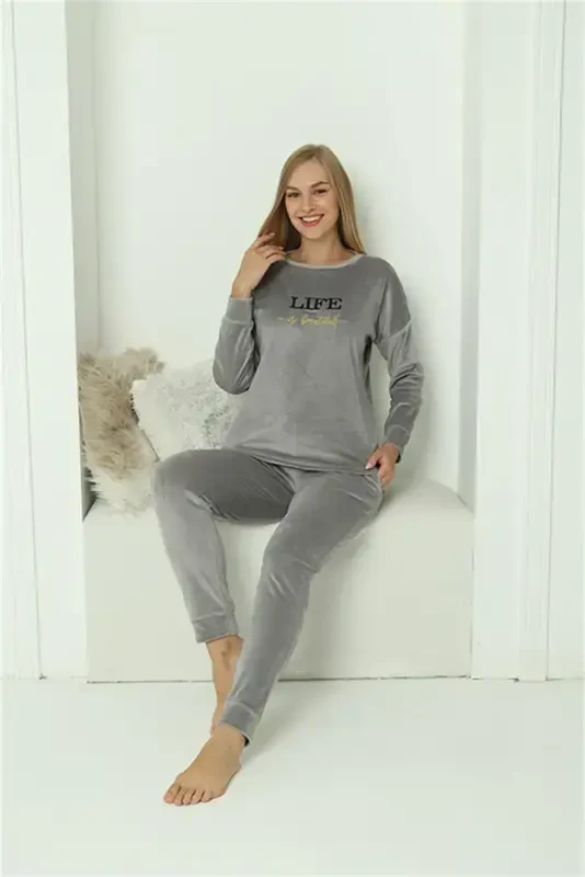 Akbeniz Kadın Kadife Gri Pijama Takım 20624 - 6