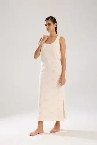 Akbeniz Kadın Kalın Askılı Yırtmaçlı Uzun Pudra Gecelik - 6