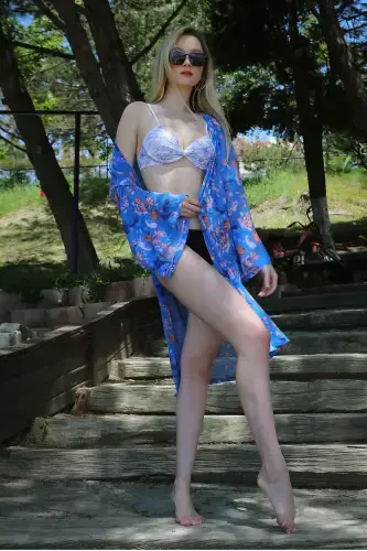 Akbeniz Kadın Kimono Pareo Plaj Elbisesi Mavi 38040 - AKBENIZ (1)