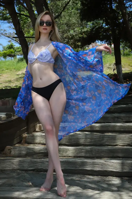 Akbeniz Kadın Kimono Pareo Plaj Elbisesi Mavi 38040 - 6