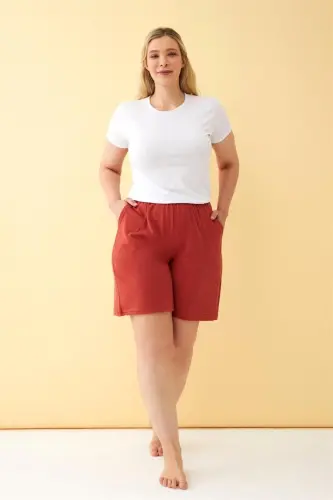 Akbeniz Kadın Kiremit Rengi Rahat Kalıp Cepli Şort - 1