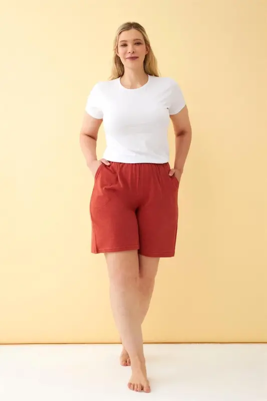 Akbeniz Kadın Kiremit Rengi Rahat Kalıp Cepli Şort - 1