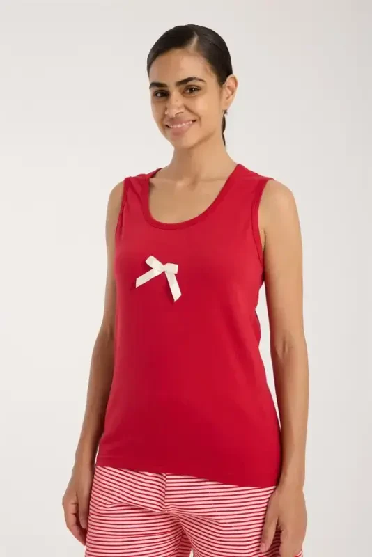 Akbeniz Kadın Kırmızı Kurdele Detaylı Çizgili Şortlu Pijama Takımı - 4