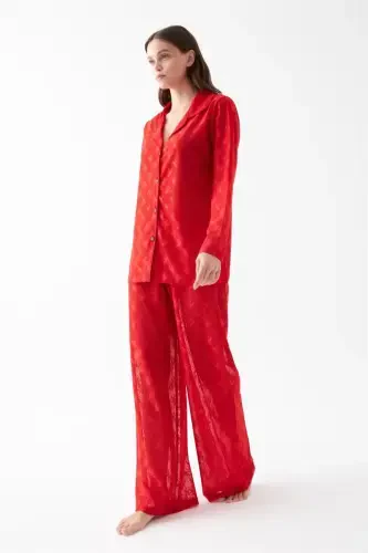 Akbeniz Kadın Kırmızı Şeffaf Jakar Düğmeli Pijama Takımı - 5