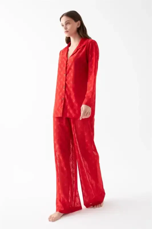 Akbeniz Kadın Kırmızı Şeffaf Jakar Düğmeli Pijama Takımı - 5