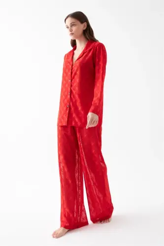 Akbeniz Kadın Kırmızı Şeffaf Jakar Düğmeli Pijama Takımı - 5