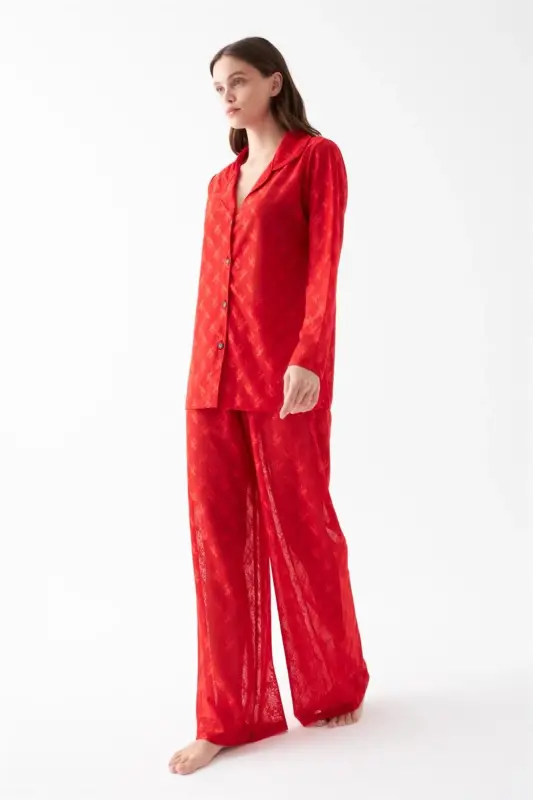 Akbeniz Kadın Kırmızı Şeffaf Jakar Düğmeli Pijama Takımı - 5