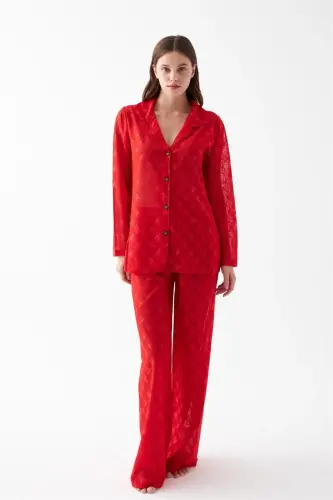 Akbeniz Kadın Kırmızı Şeffaf Jakar Düğmeli Pijama Takımı - 6