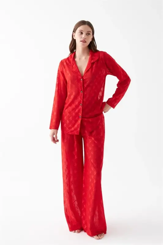 Akbeniz Kadın Kırmızı Şeffaf Jakar Düğmeli Pijama Takımı - 1