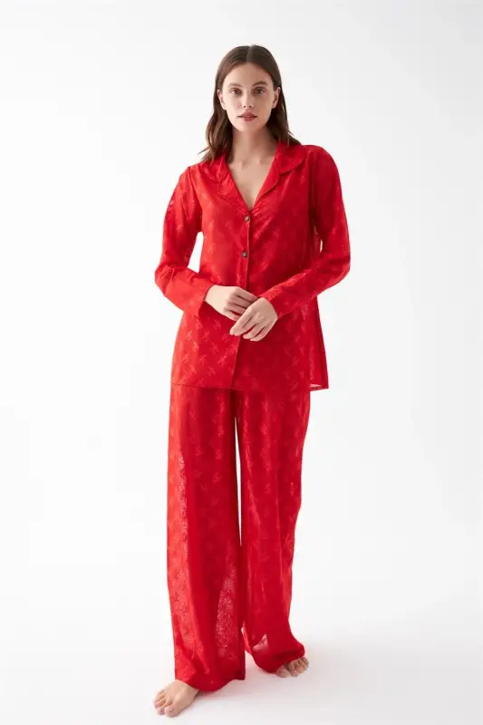 Akbeniz Kadın Kırmızı Şeffaf Jakar Düğmeli Pijama Takımı - 2