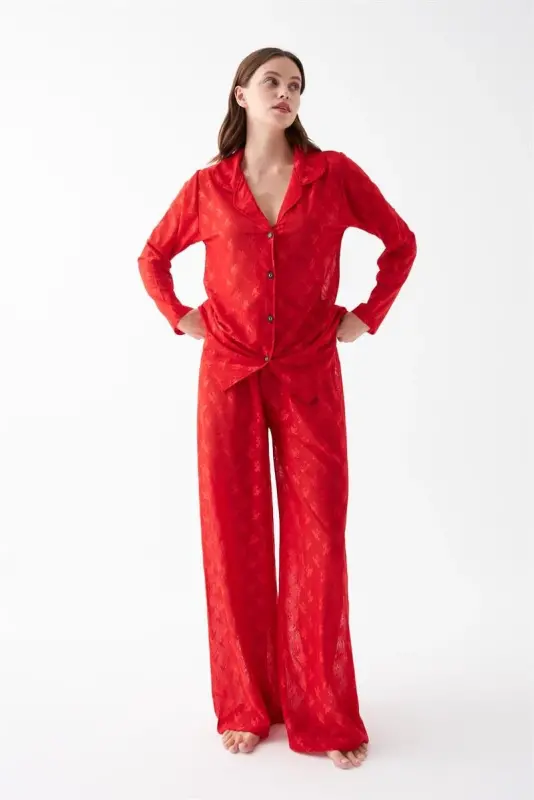 Akbeniz Kadın Kırmızı Şeffaf Jakar Düğmeli Pijama Takımı - 3
