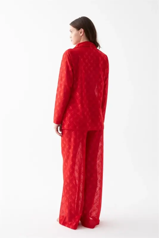 Akbeniz Kadın Kırmızı Şeffaf Jakar Düğmeli Pijama Takımı - 7