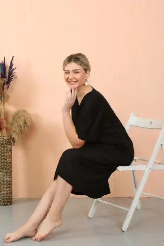 Akbeniz Kadın Kısa Kol Diz Altı Over Size Siyah Ev Elbisesi - Geceliği 93410 - 5