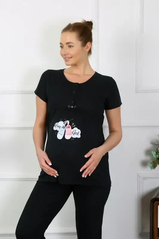 Akbeniz Kadın Kısa Kol Hamile Lohusa Pijama Takımı Siyah 45210 - 5