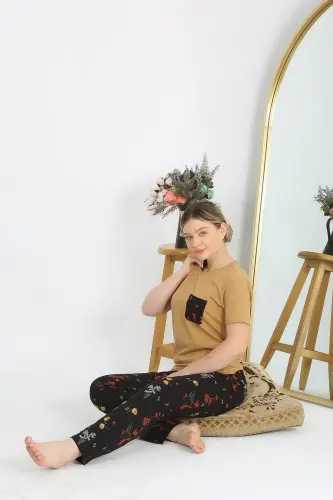 Akbeniz Kadın Kısa Kol Pamuk Penye Pijama Takım Hardal 4214 - 3