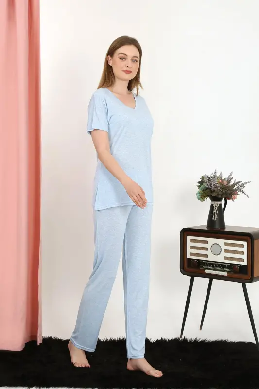 Akbeniz Kadın Kısa Kol Pamuk Penye Pijama Takım Mavi 4213 - AKBENIZ