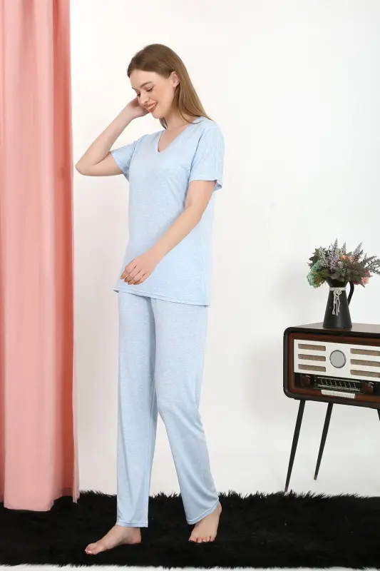 Akbeniz Kadın Kısa Kol Pamuk Penye Pijama Takım Mavi 4213 - 4