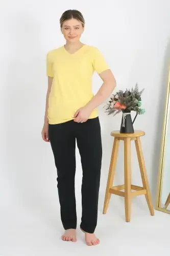 Akbeniz Kadın Kısa Kol Pamuk Penye Pijama Takım Sarı 4215 - AKBENIZ (1)