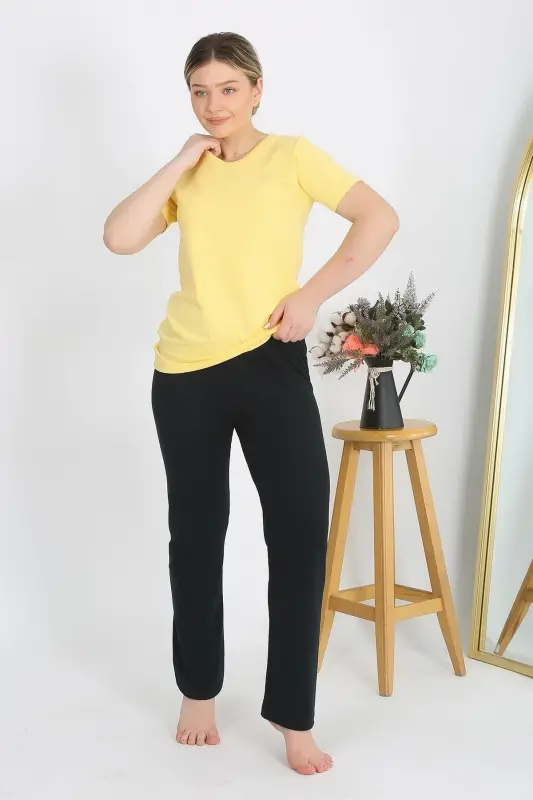 Akbeniz Kadın Kısa Kol Pamuk Penye Pijama Takım Sarı 4215 - 3