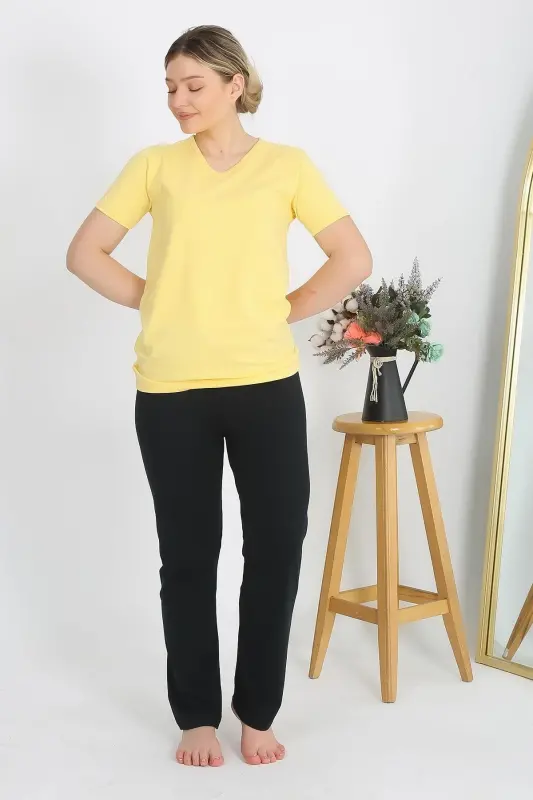Akbeniz Kadın Kısa Kol Pamuk Penye Pijama Takım Sarı 4215 - 6